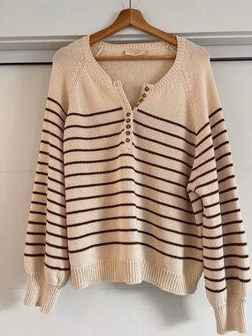 Sezane Cream Knit Henley Sweater with Brown Stripes